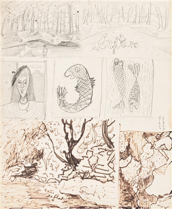 MILTON AVERY Sheet of Studies with Portrait, Fish and Landscape.